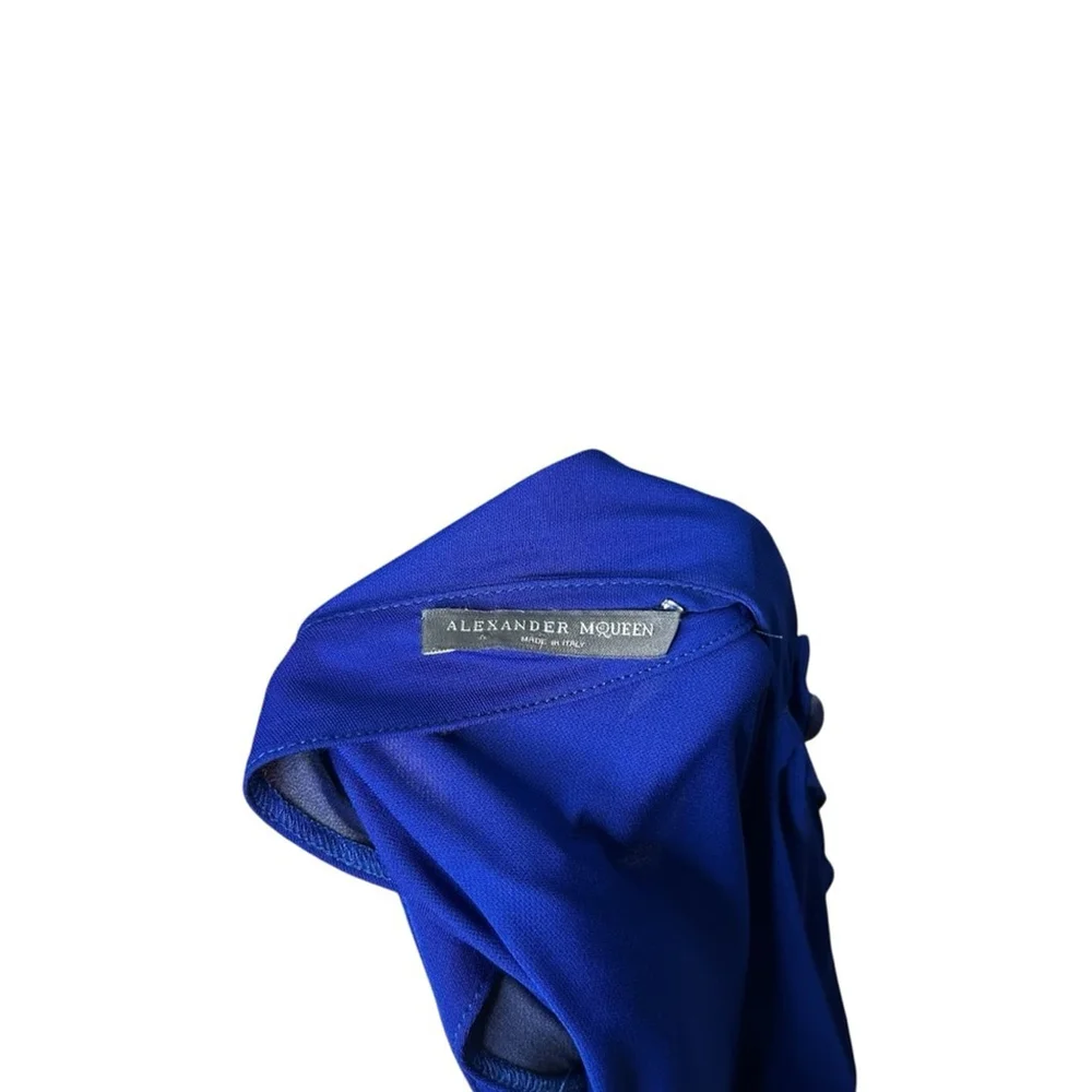 Alexander McQueen Royal Blue Plunge V-Neck Midi Shirred Cocktail Dress Medium
